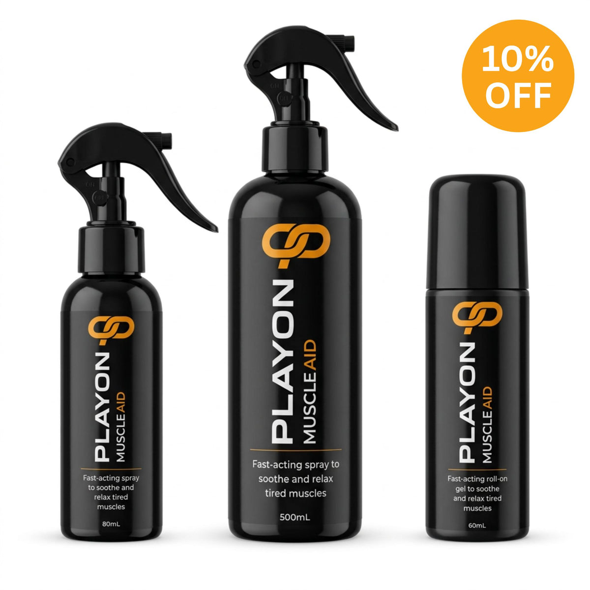 PlayOn Muscle Aid Peak Performance Pack with 80 mL and 500 mL sprays and a 60 mL roll-on, featuring a Save 10% badge