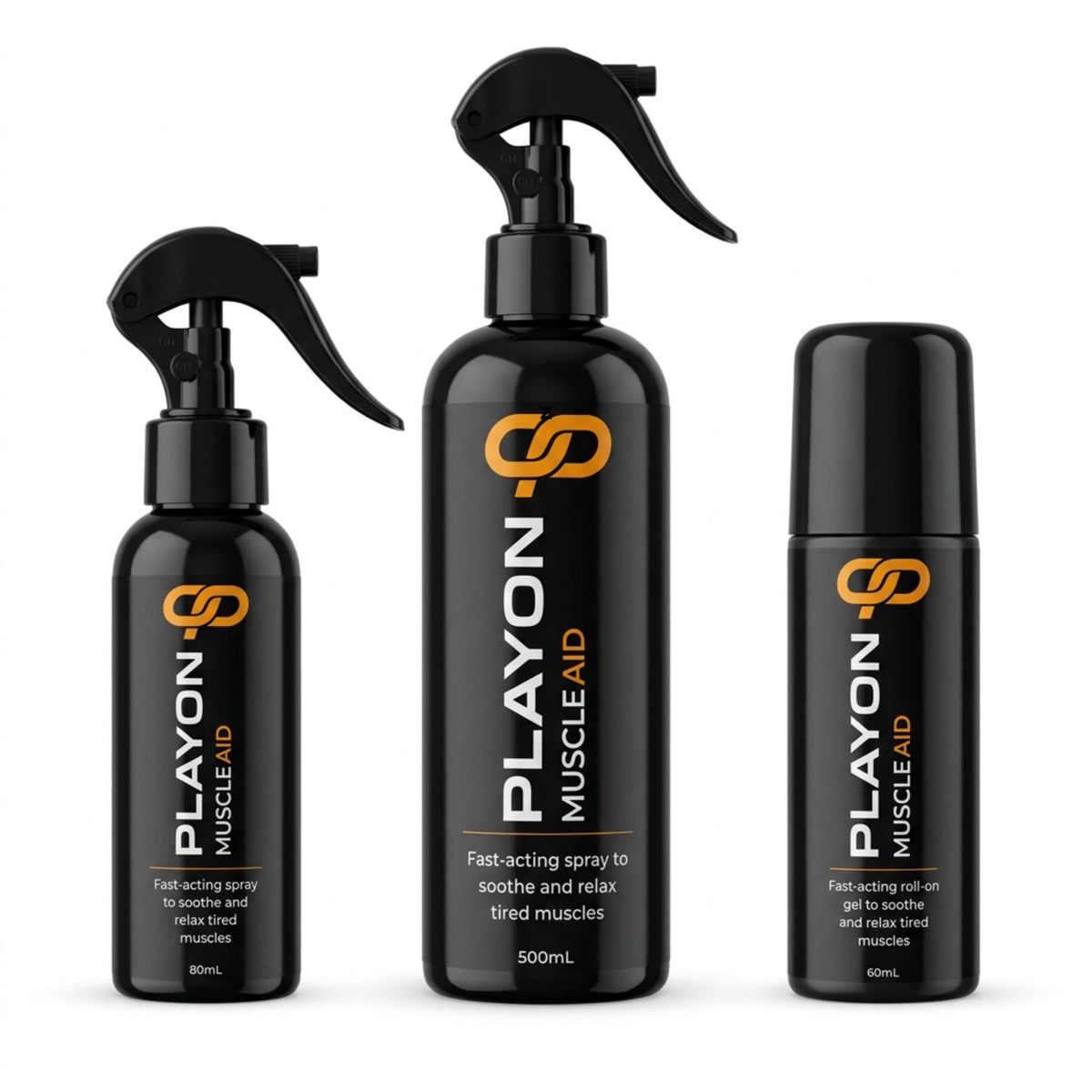 PlayOn Muscle Aid Peak Performance Pack with 80 mL and 500 mL sprays and a 60 mL roll-on on a white background