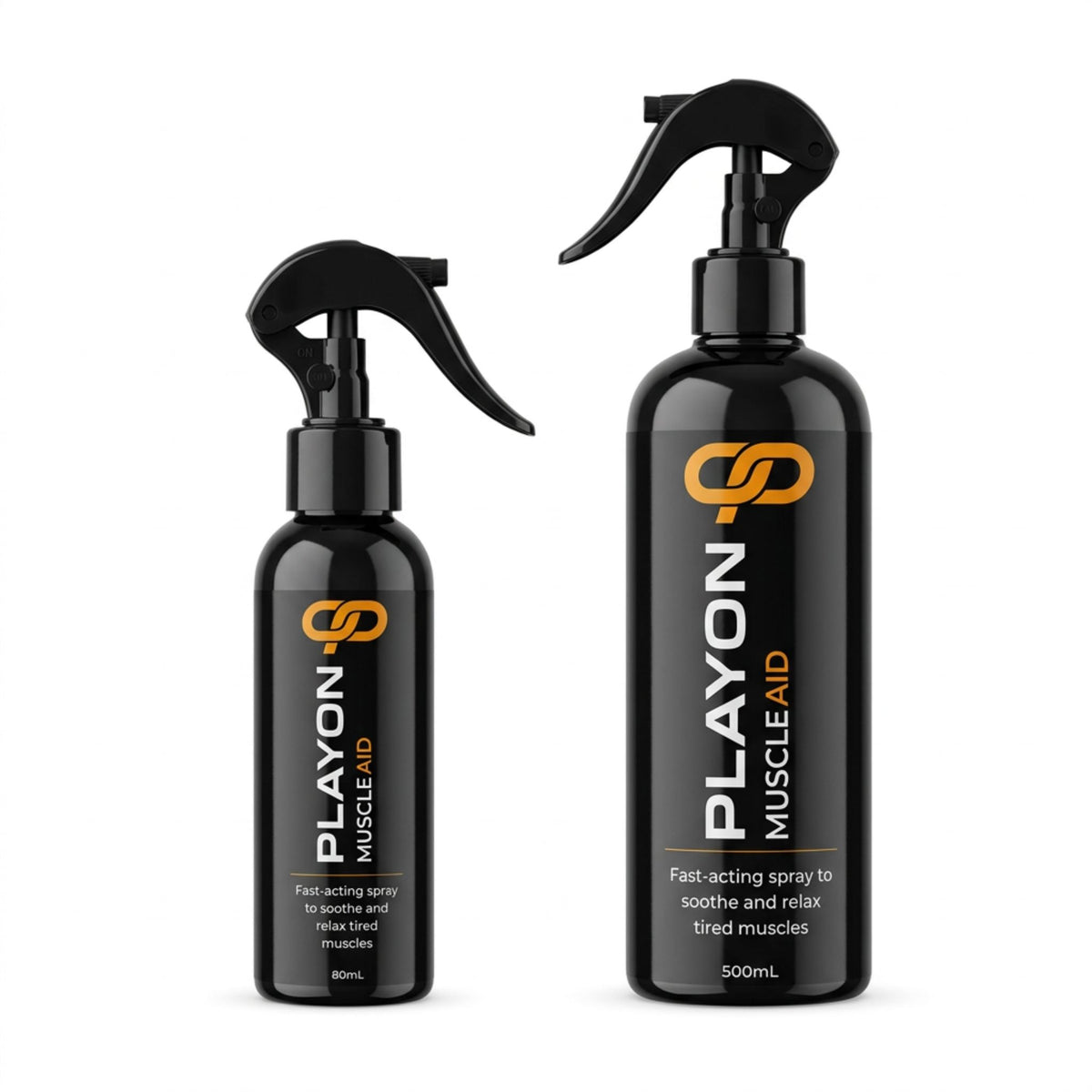 PlayOn Muscle Aid Spray Duo Pack with 80 mL and 500 mL spray bottles on a white background