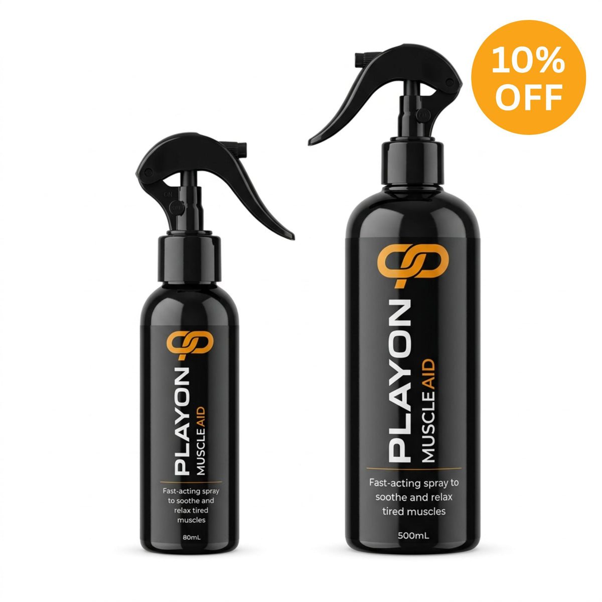 PlayOn Muscle Aid Spray Duo Pack with 80 mL and 500 mL spray bottles, featuring a Save 10% badge