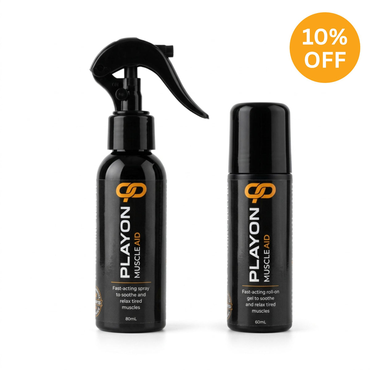 PlayOn Muscle Aid Weekend Warrior Pack with an 80 mL spray and a 60 mL roll-on, featuring a Save 10% badge