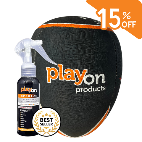 Playon Products Bundle and Save 15% on Playon Products Sport Aid 80ml and Playon Products Rebounderball. Maximise your training and muscle recovery with this perfect combination. The bundle is designed to boost your hand-eye coordination with a rugby ball and ensure optimal muscle recovery. 